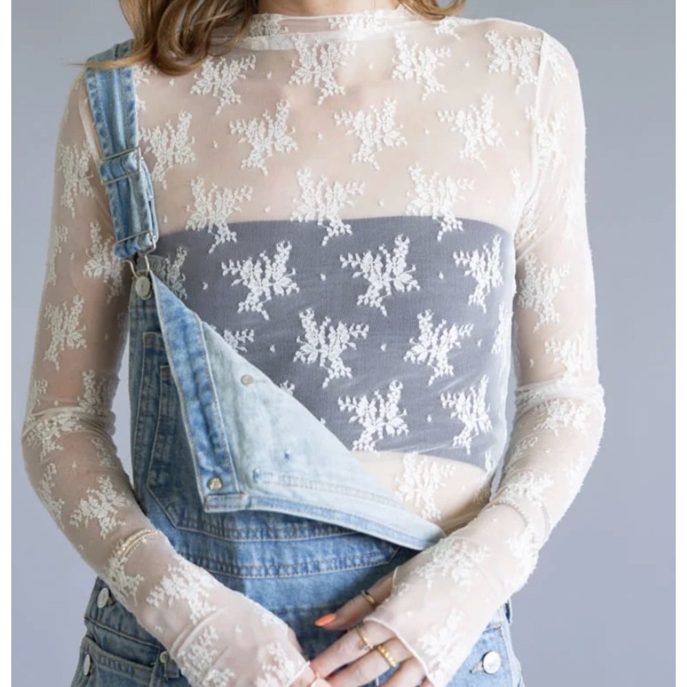 Intimately Free People Floral Lace Mesh Top Ivory White Mock Neck Long Sleeve L